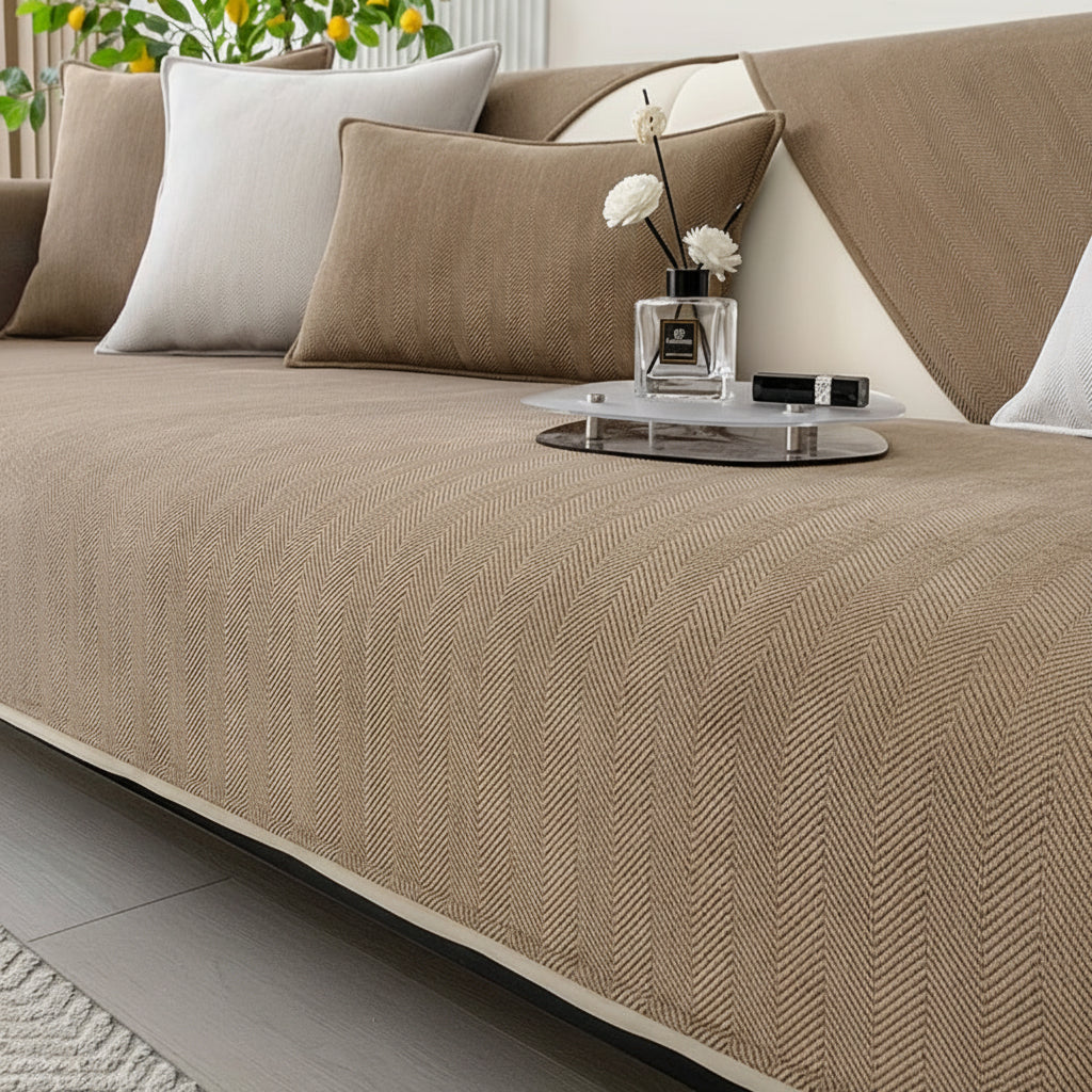 Housse de Canapé Chenille Beige – Extensible, Antidérapante, Lavable