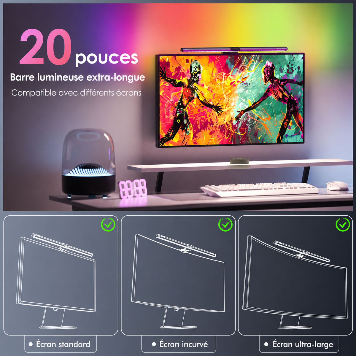 Barre Lumineuse LED | Rétroéclairage RVB, Clip Ajustable