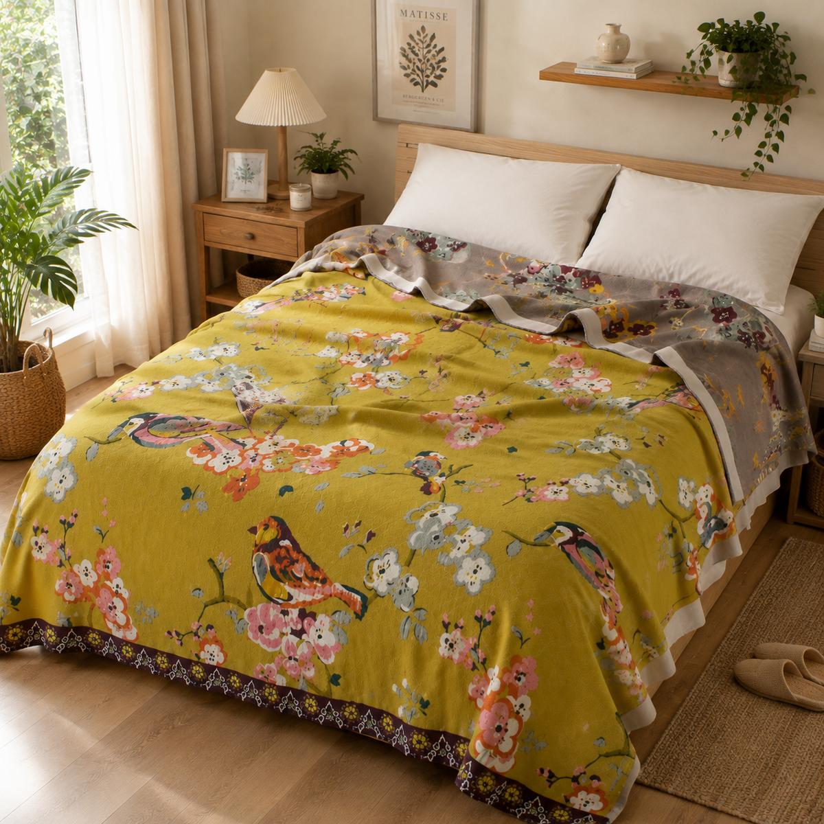 Couverture en Coton Motif Floral avec Oiseaux