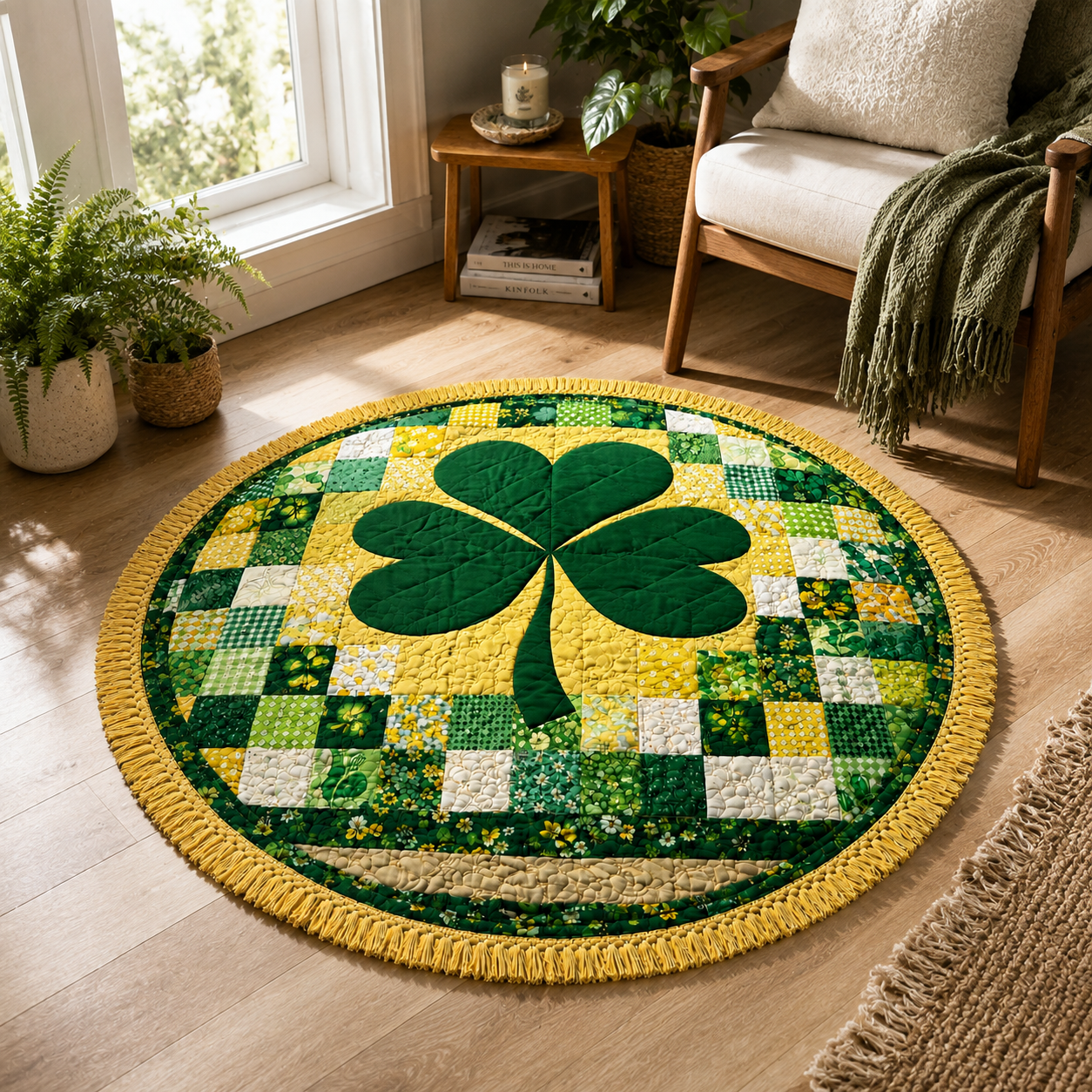 Serviette de Plage Ronde Motif Trèfle Éponge Verte Ø150 cm – Séchage Rapide, Grande Surface, Multiusage