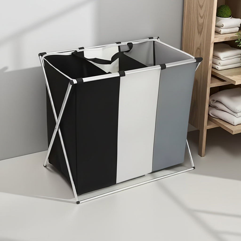 Panier à Linge Aluminium Blanc Gris Noir 3 Compartiments – Pliable, Tri Séparé, Organisation Facile