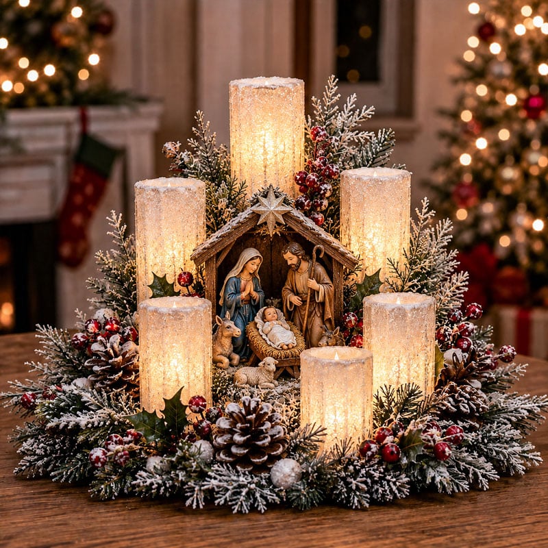 Décoration de Noël Lumineuse avec Bougie LED et Feuillage