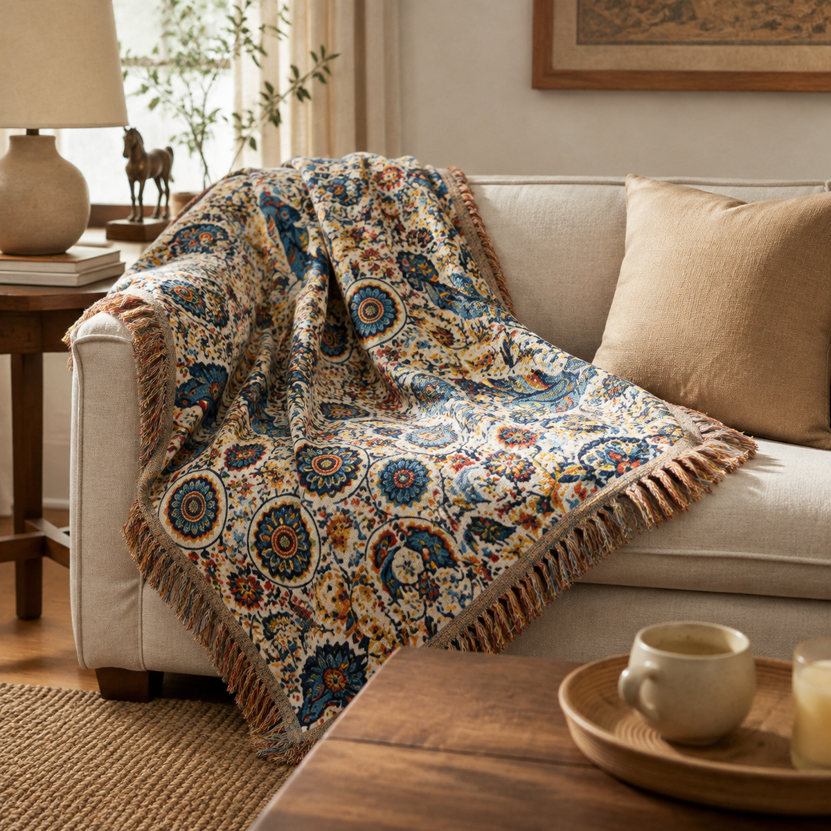 Couverture en Coton Motif Floral et Oiseau Tissage Léger