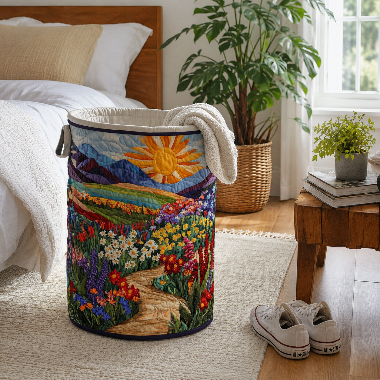 Panier à Linge Matelassé Coton-Polyester Beige 40 × 50 cm – Autoportant, Poignées Renforcées, Pliable