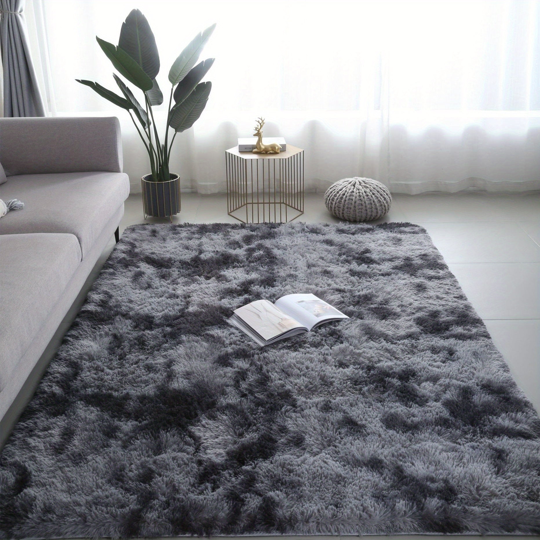 Tapis de Sol Shaggy Polyester Gris 60x90 cm – Antidérapant, Fibres Fines, Lavage Main