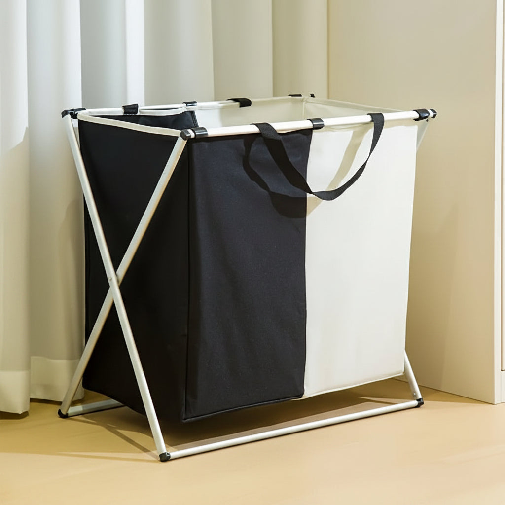 Panier à Linge Aluminium Blanc Gris Noir 3 Compartiments – Pliable, Tri Séparé, Organisation Facile
