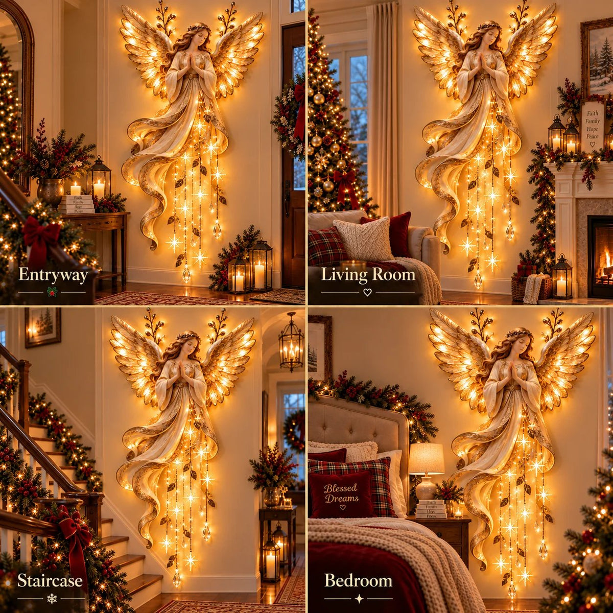Applique Ange Gardien pluie d’étoiles – Ange lumineux aux ailes dorées