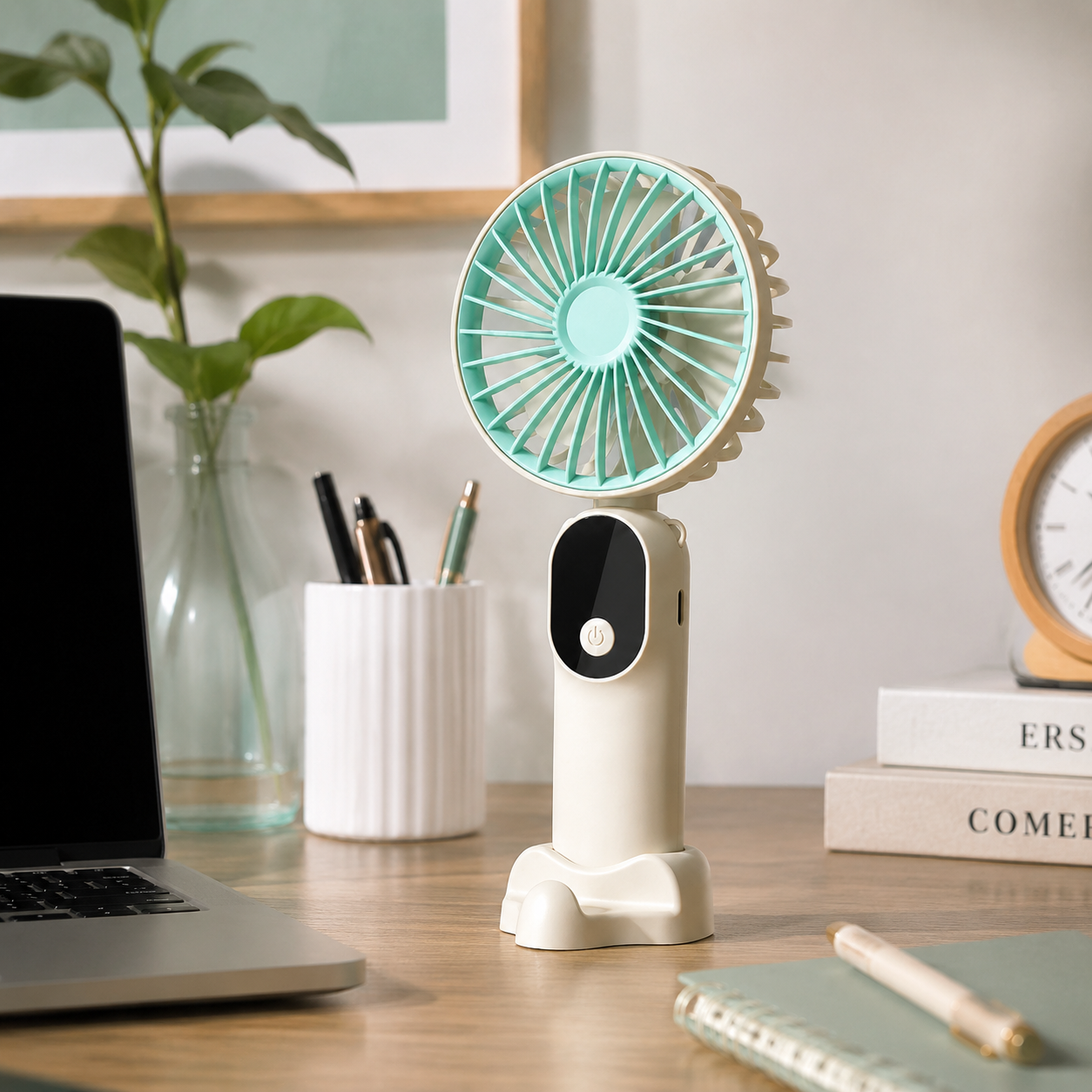 Ventilateur Portable Pliable ABS Blanc 18 cm – 6 Vitesses, Rechargeable USB, Support Intégré