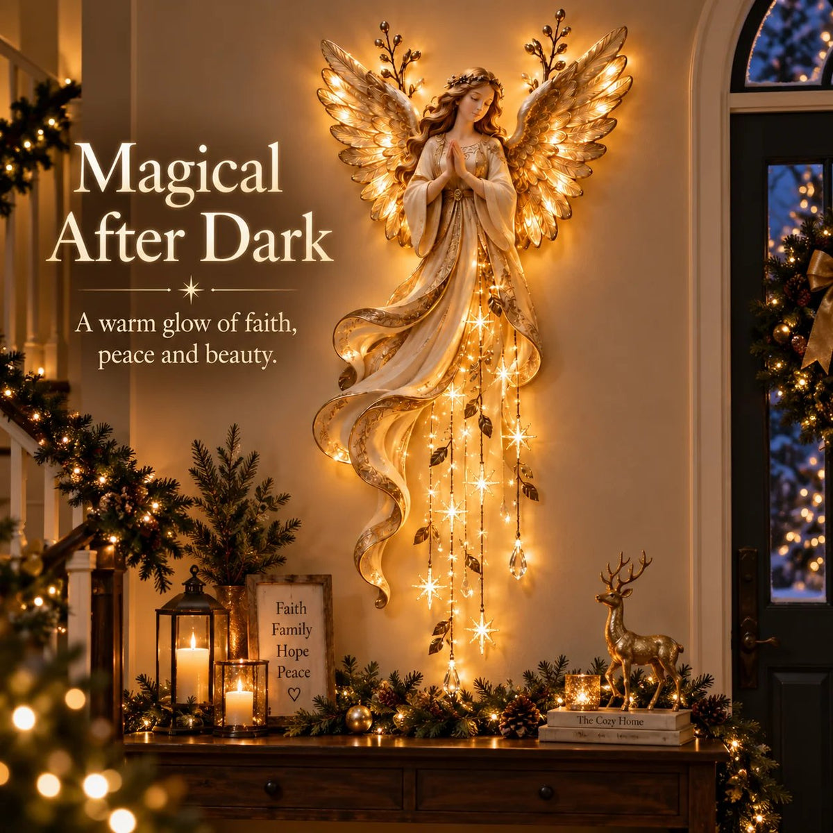 Applique Ange Gardien pluie d’étoiles – Ange lumineux aux ailes dorées