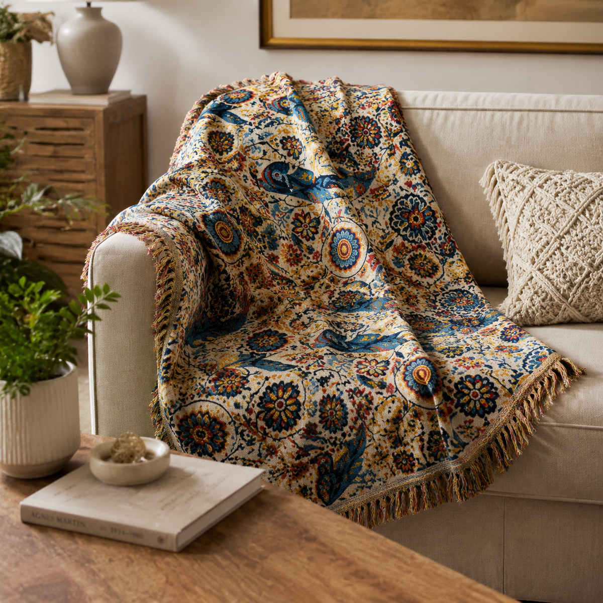 Couverture en Coton Motif Floral et Oiseau Tissage Léger