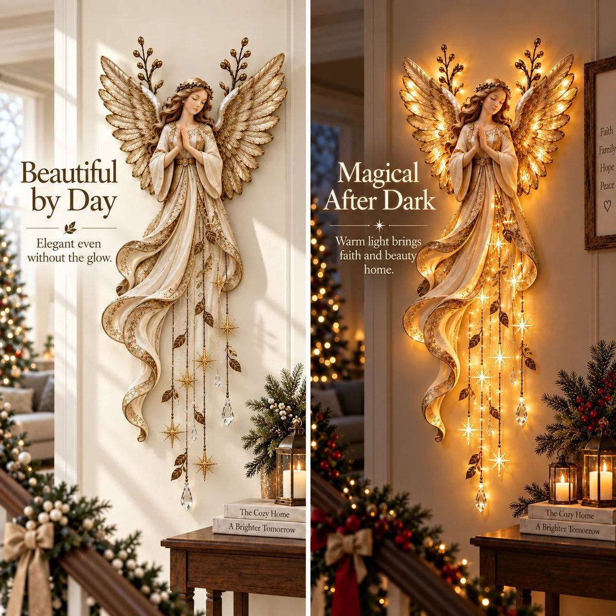 Applique Ange Gardien pluie d’étoiles – Ange lumineux aux ailes dorées