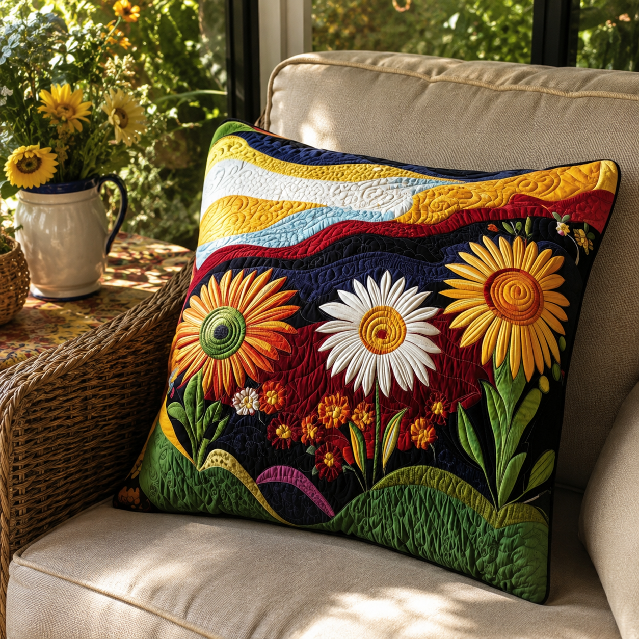 Taie d'Oreiller Matelassée Coton-Polyester Blanche 56 × 56 cm – Fermeture Enveloppe, Lavable, Motif Tournesol