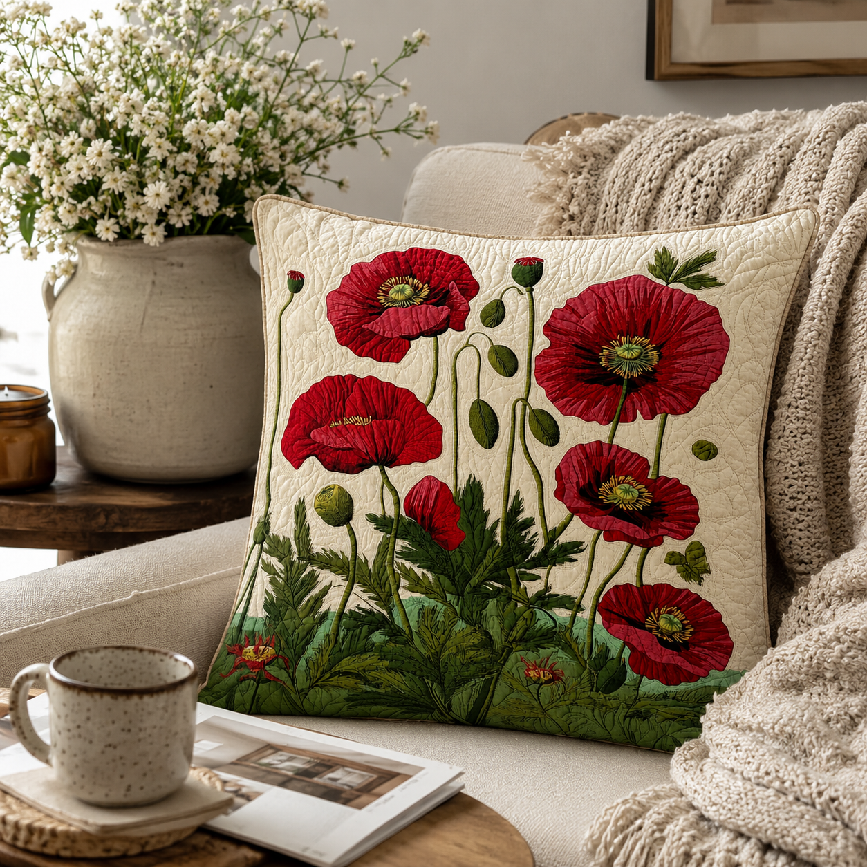 Taie d'Oreiller Florale Coton-Polyester Blanc 56 × 56 cm – Coquelicots Rouges, Fermeture Enveloppe, Lavable