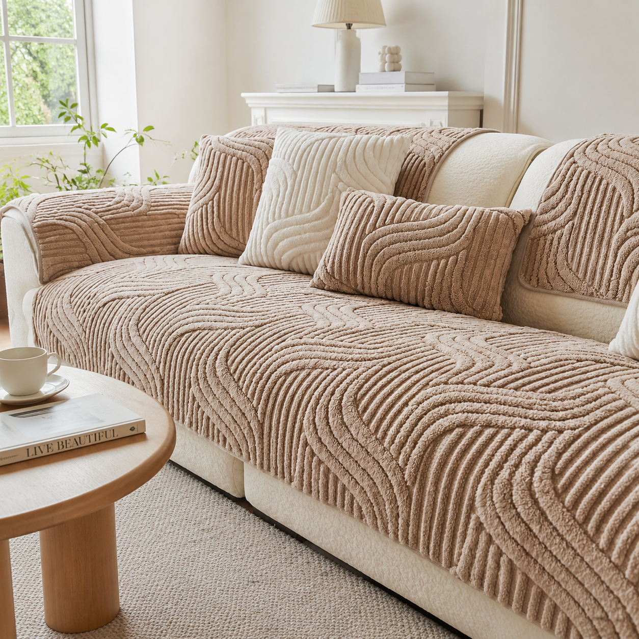 Housse de Fauteuil Velours Polyester Beige – Antidérapante, Lavable, Assise Séparée
