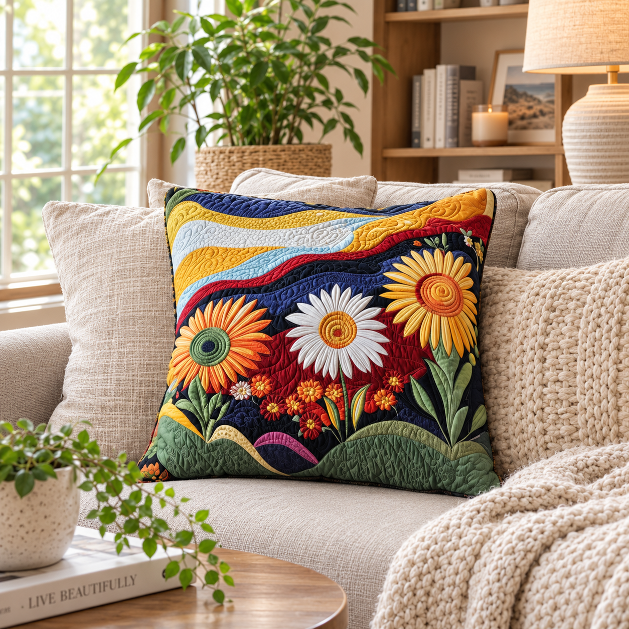 Taie d'Oreiller Matelassée Coton-Polyester Blanche 56 × 56 cm – Fermeture Enveloppe, Lavable, Motif Tournesol