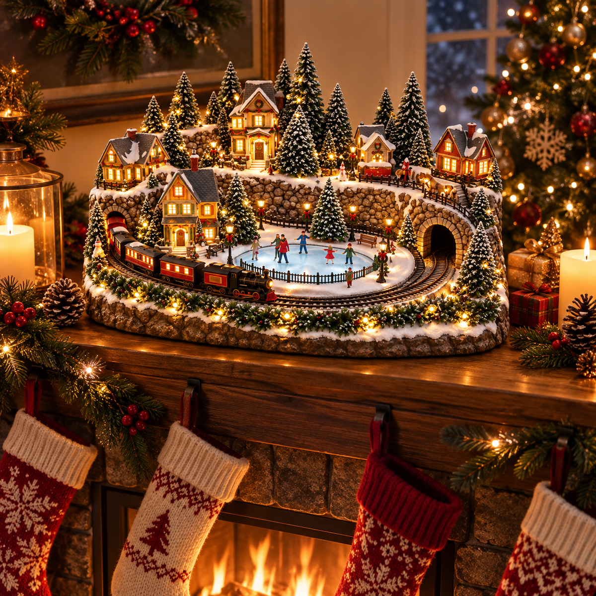 Village de Noël avec train animé et patinoire – Scène d’hiver lumineuse LED avec musique