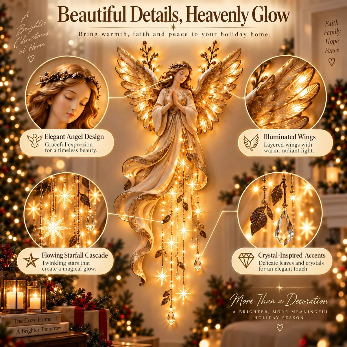 Applique Ange Gardien pluie d’étoiles – Ange lumineux aux ailes dorées