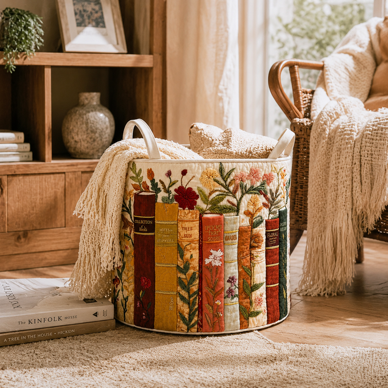 Panier à Linge Matelassé Coton-Polyester Beige 40 × 56 cm – Autoportant, Poignées Renforcées, Pliable