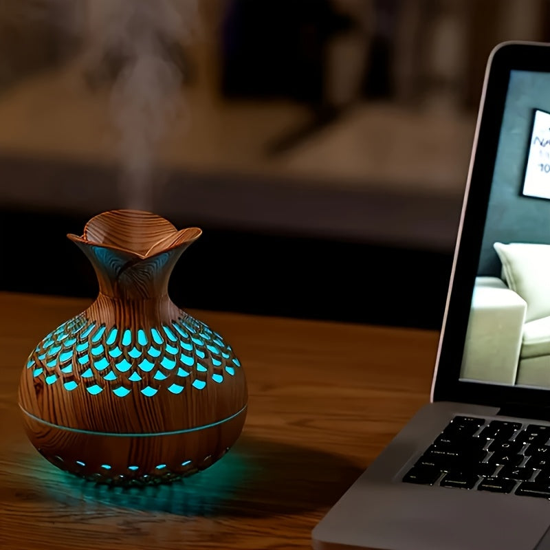 Diffuseur d'Arômes Effet Bois Ø9,5 cm – LED 7 Couleurs, 2 Modes de Brume, USB