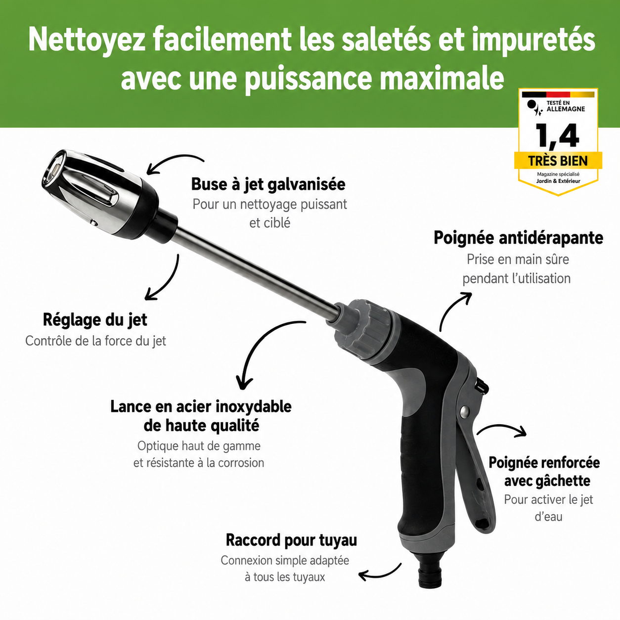 Nettoyeur Haute Pression | Buse Rotative 360°, Compatible Tous Tuyaux