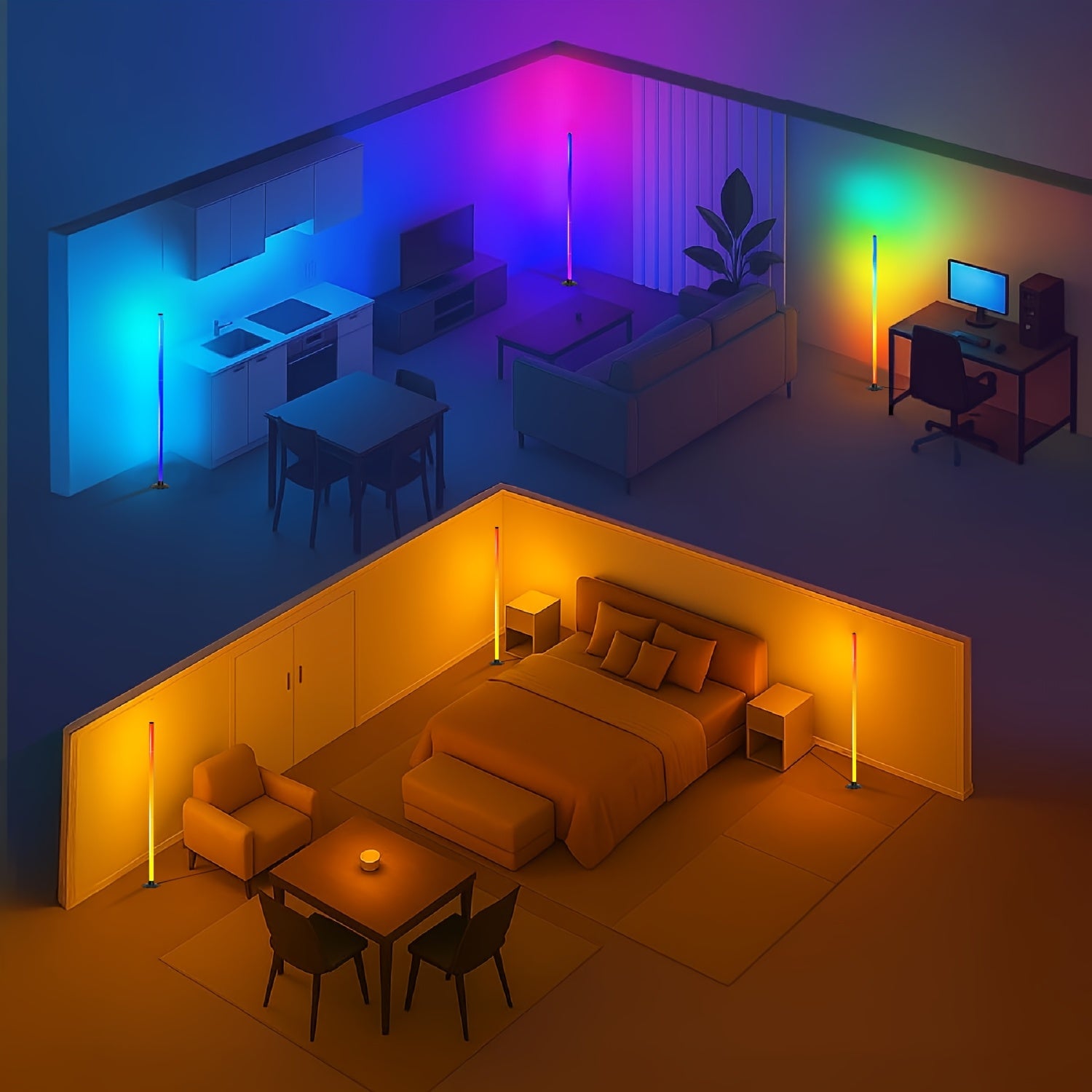 Lampadaire LED RGBIC Aluminium Noir 140 cm – Variateur, Contrôle App, Télécommande