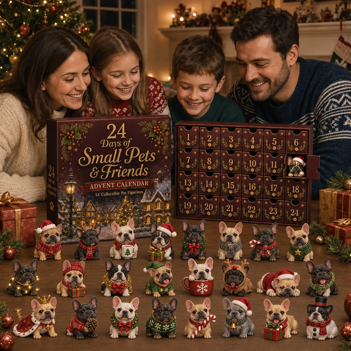 Calendrier de l'Avent chien bouledogue français, 24 décorations 2D