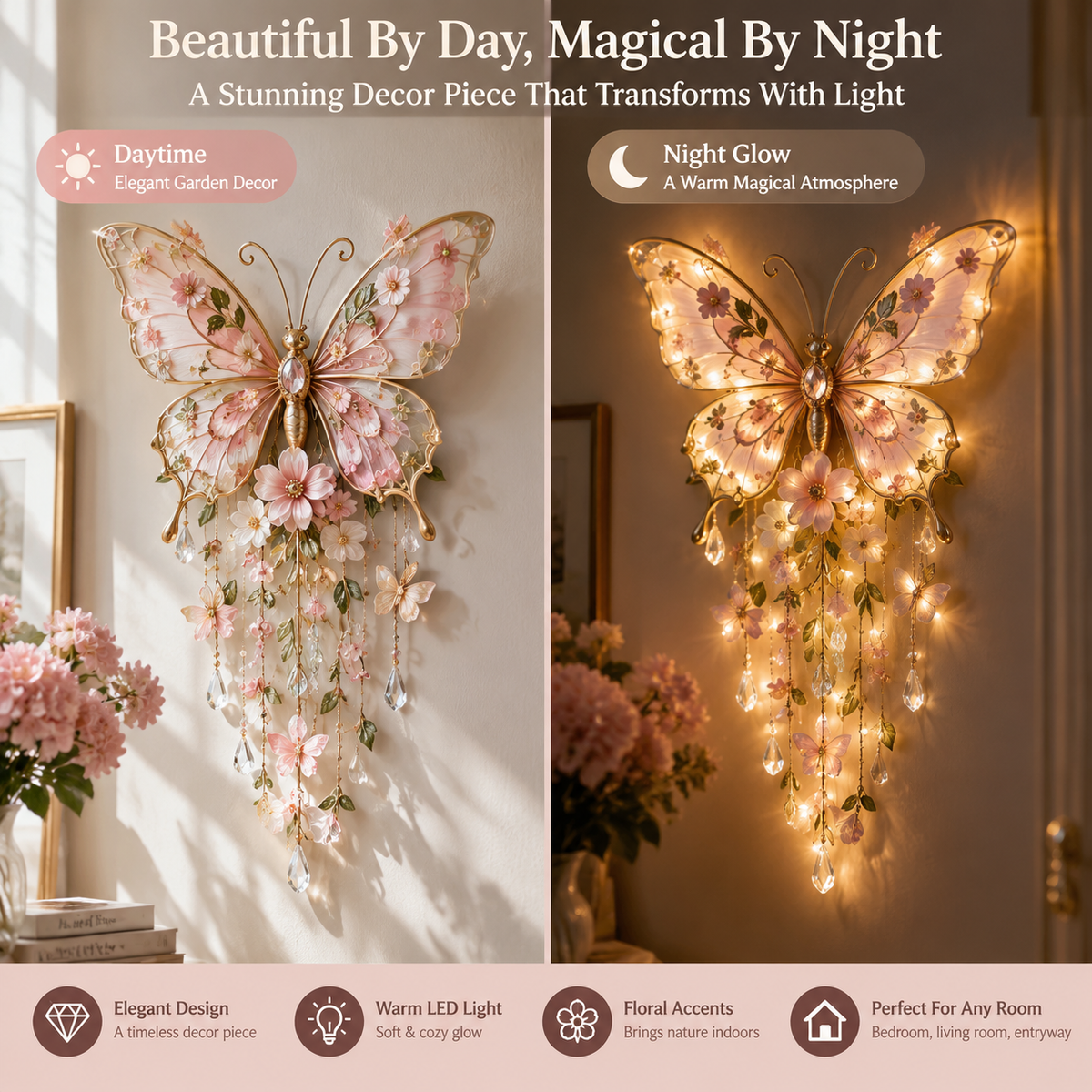 Applique Murale Papillon Lumineuse | Décoration Florale avec Pampilles Cristal