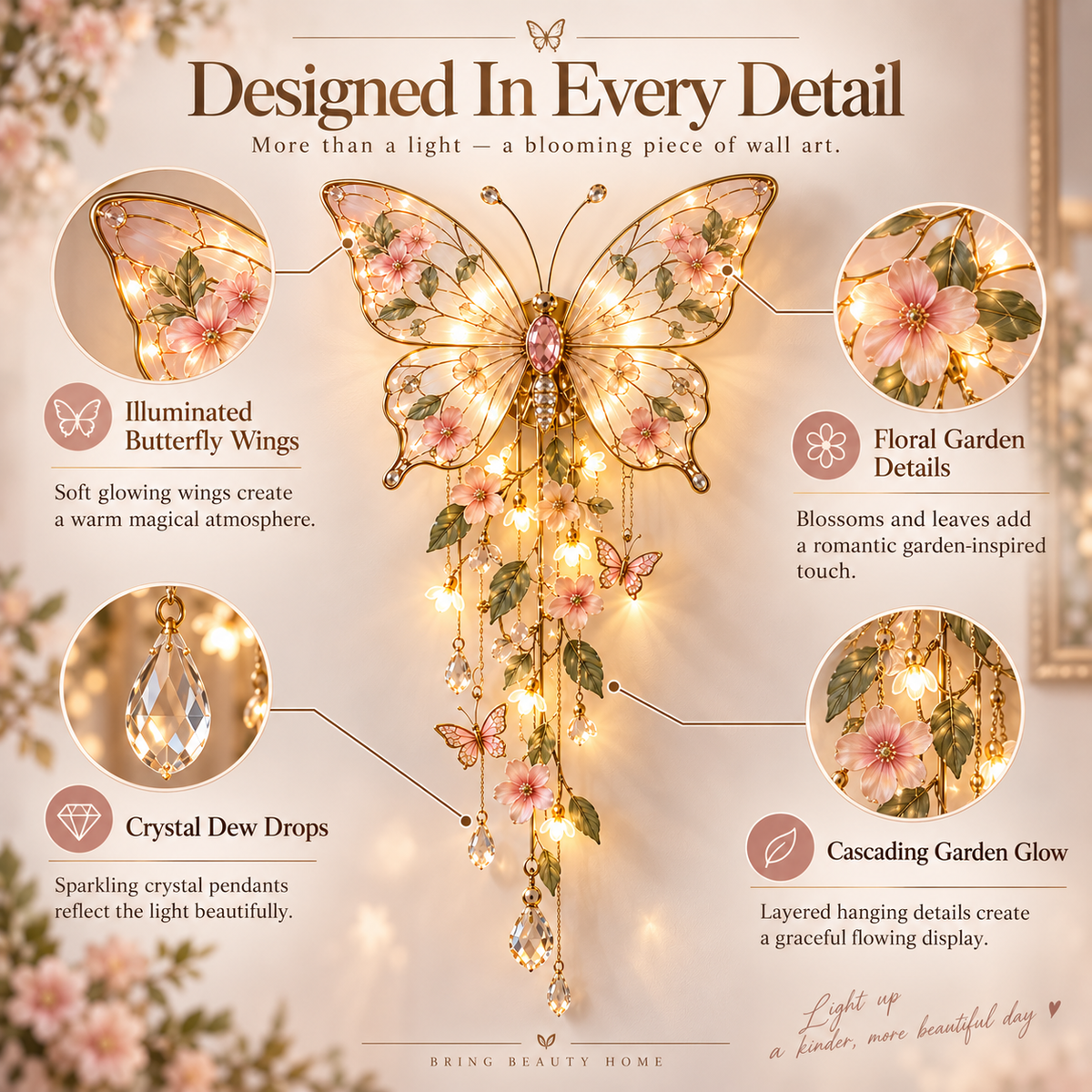 Applique Murale Papillon Lumineuse | Décoration Florale avec Pampilles Cristal