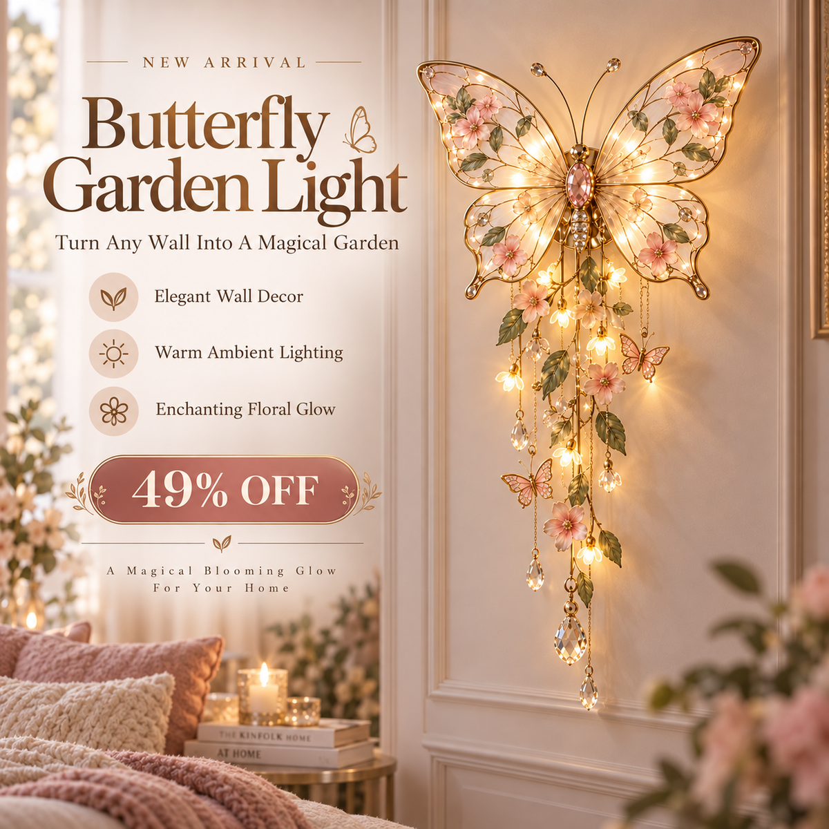 Applique Murale Papillon Lumineuse | Décoration Florale avec Pampilles Cristal
