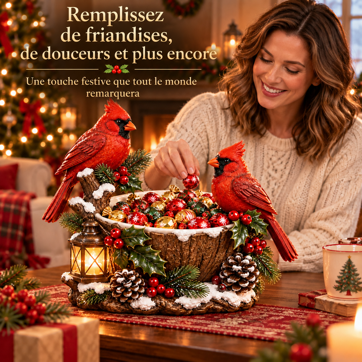 Bol à Friandises de Noël avec Cardinaux et Lanterne