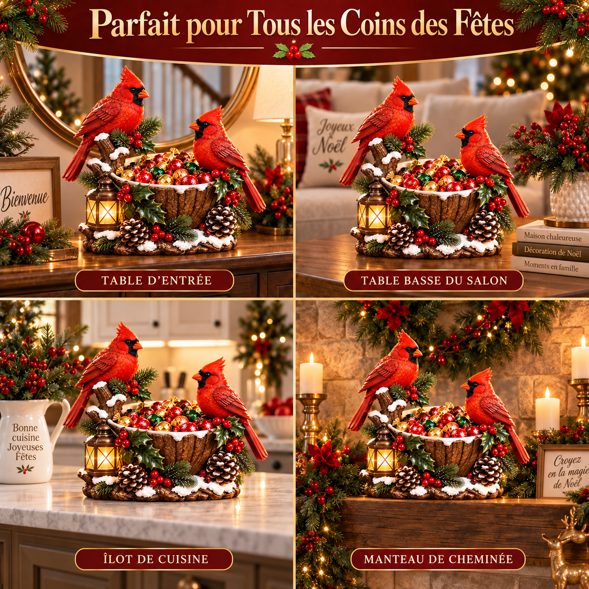 Bol à Friandises de Noël avec Cardinaux et Lanterne