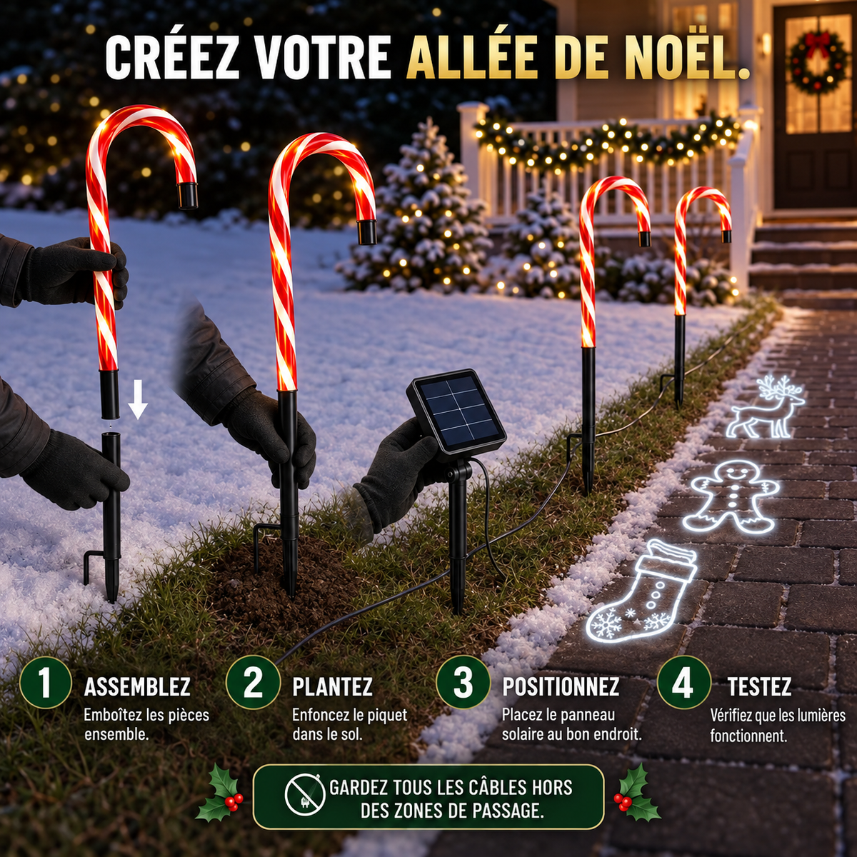 Projecteur Solaire Canne en Sucre pour Allée – Éclairage Extérieur de Noël