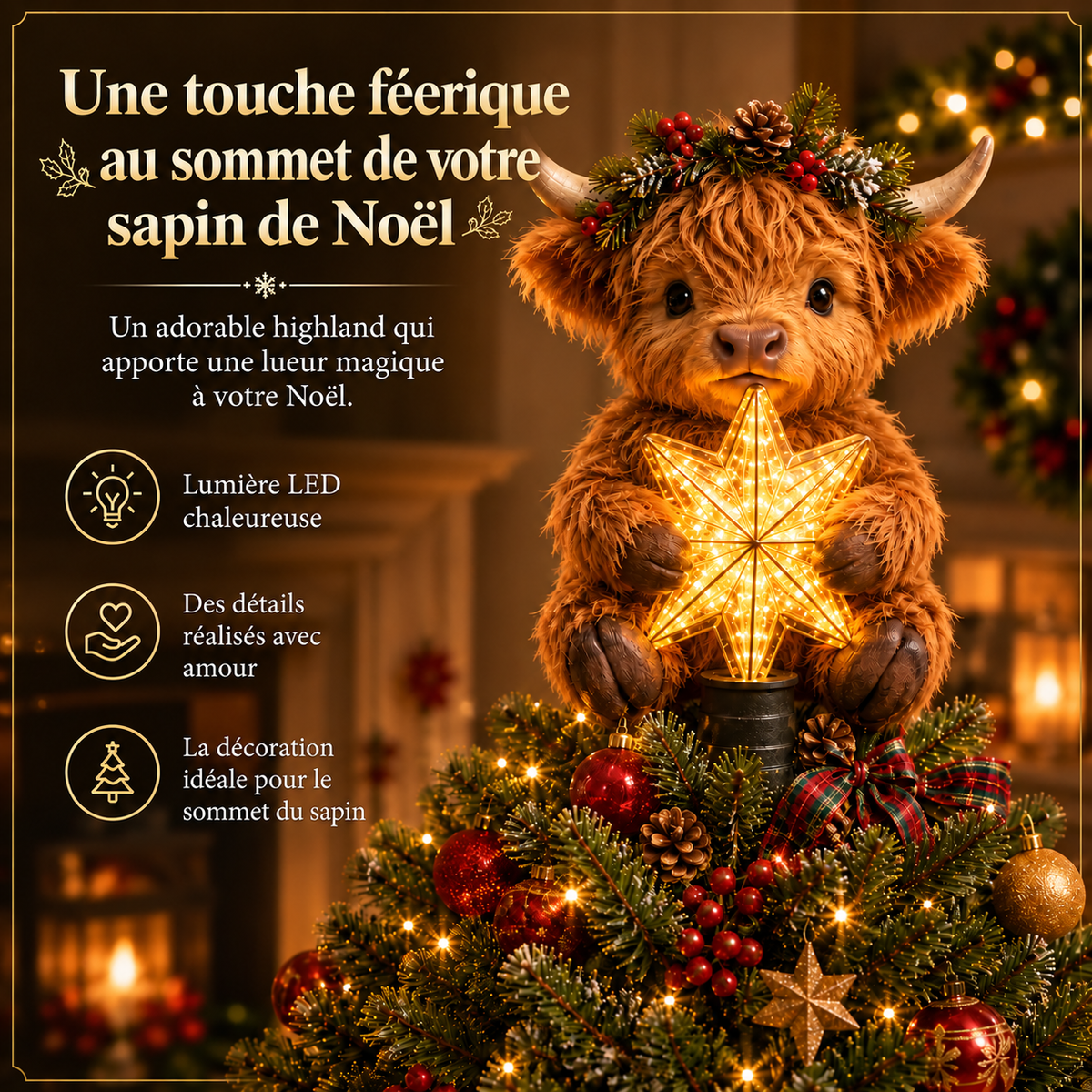 Étoile de Noël en forme de bébé vache Highland avec étoile lumineuse
