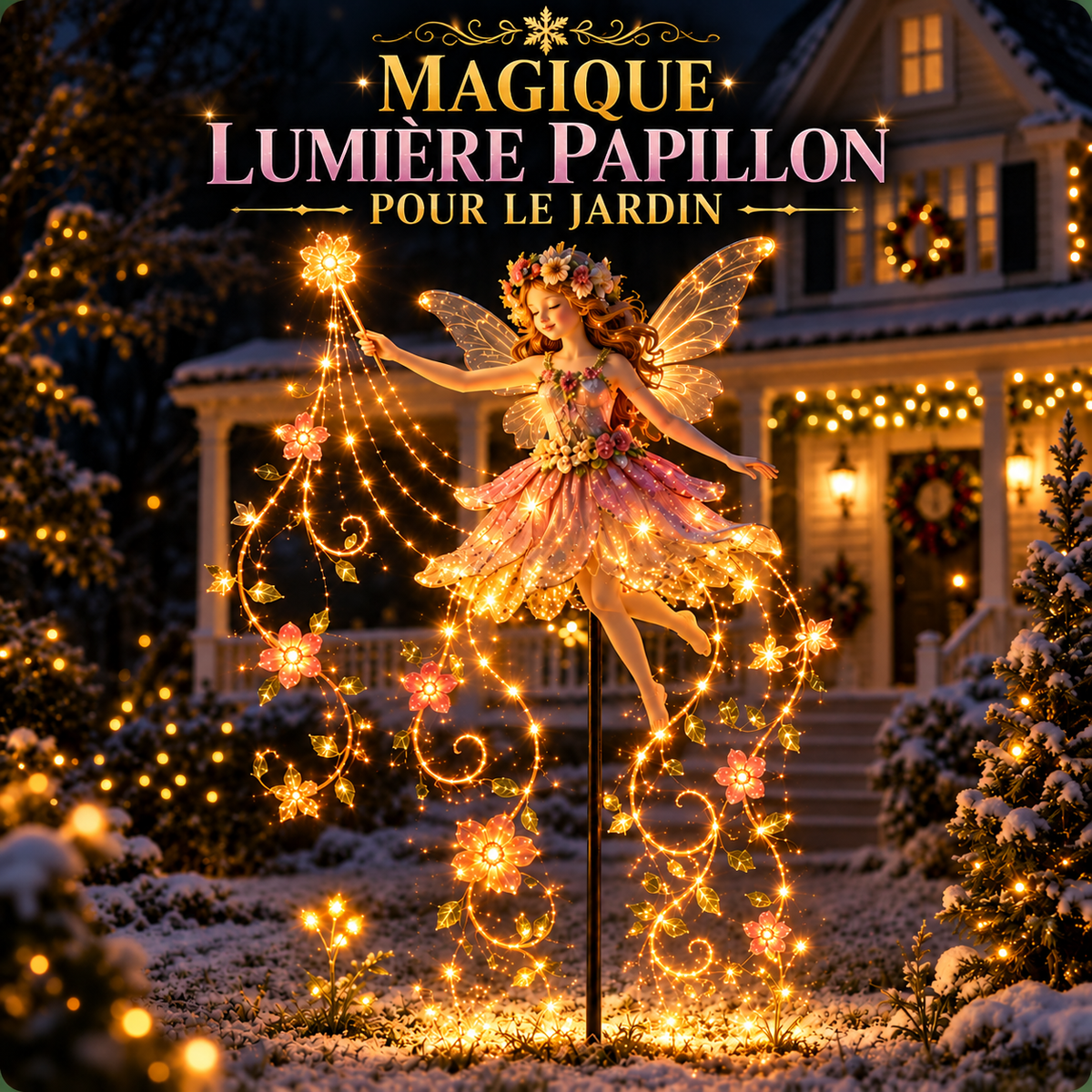 Lanterne de jardin solaire avec fée des fleurs et lumières LED – Éclairage de Noël pour l'extérieur