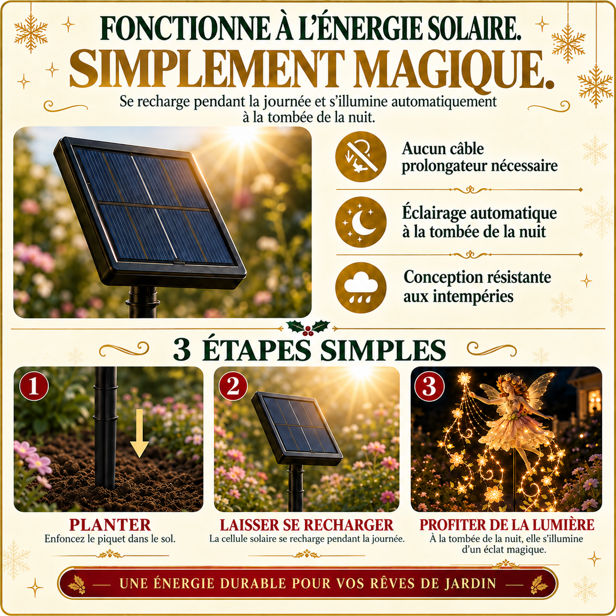 Lanterne de jardin solaire avec fée des fleurs et lumières LED – Éclairage de Noël pour l'extérieur