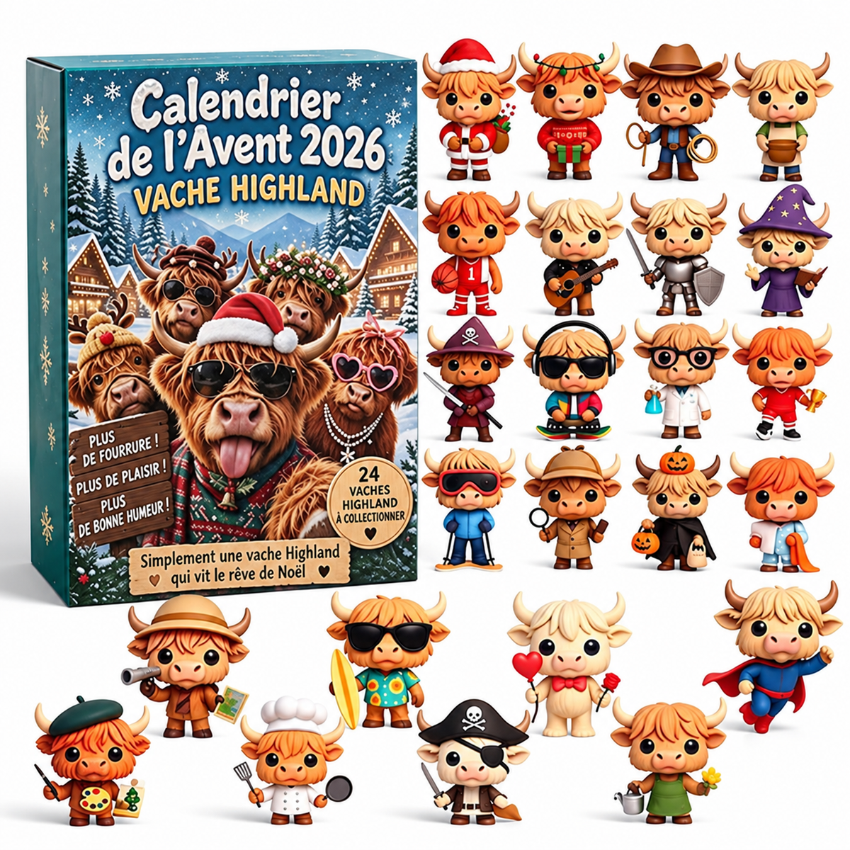 Calendrier de l’Avent Vache des Highlands 2026 avec 24 Figurines – Compte à Rebours de Noël