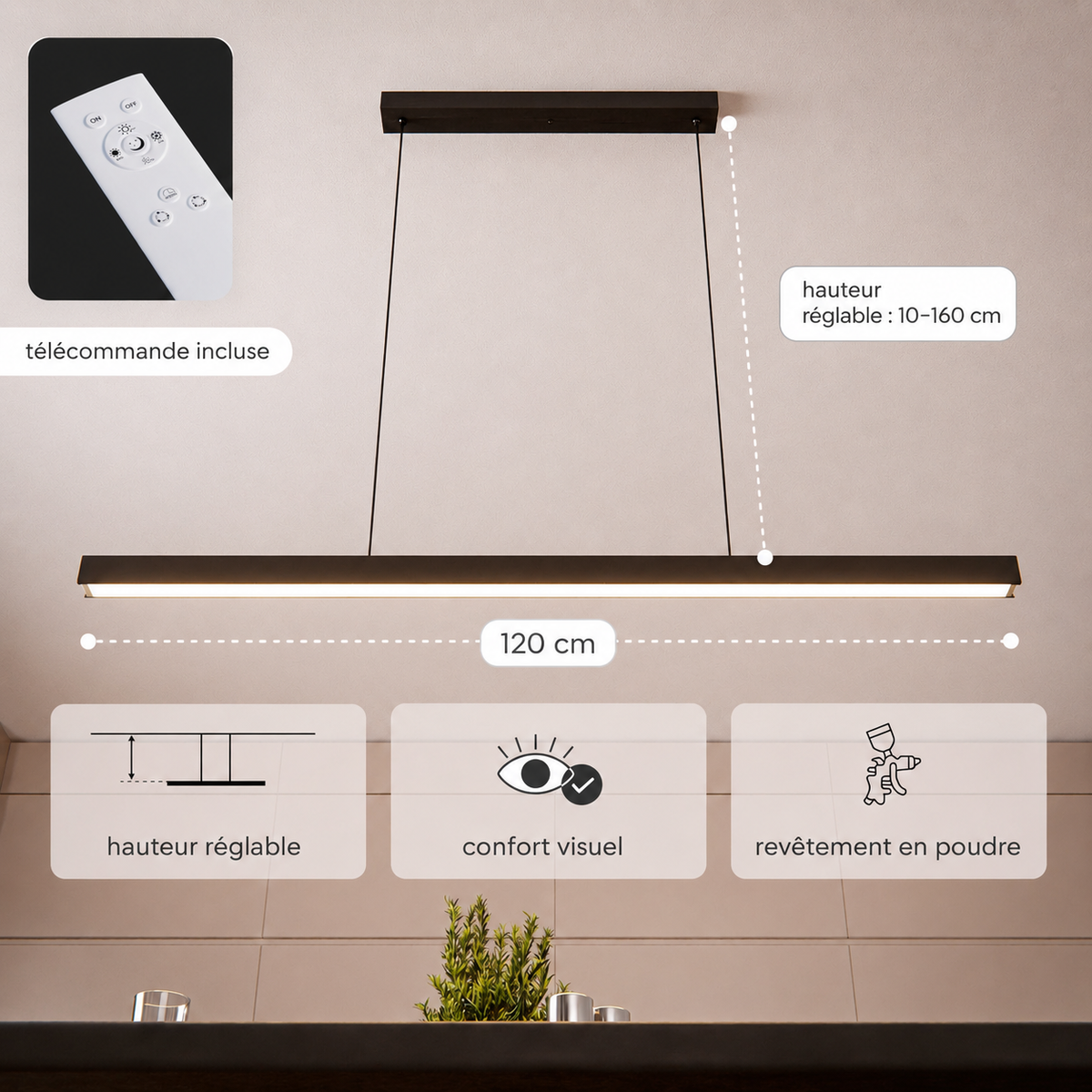 Suspension LED | Silhouette fine, hauteur réglable