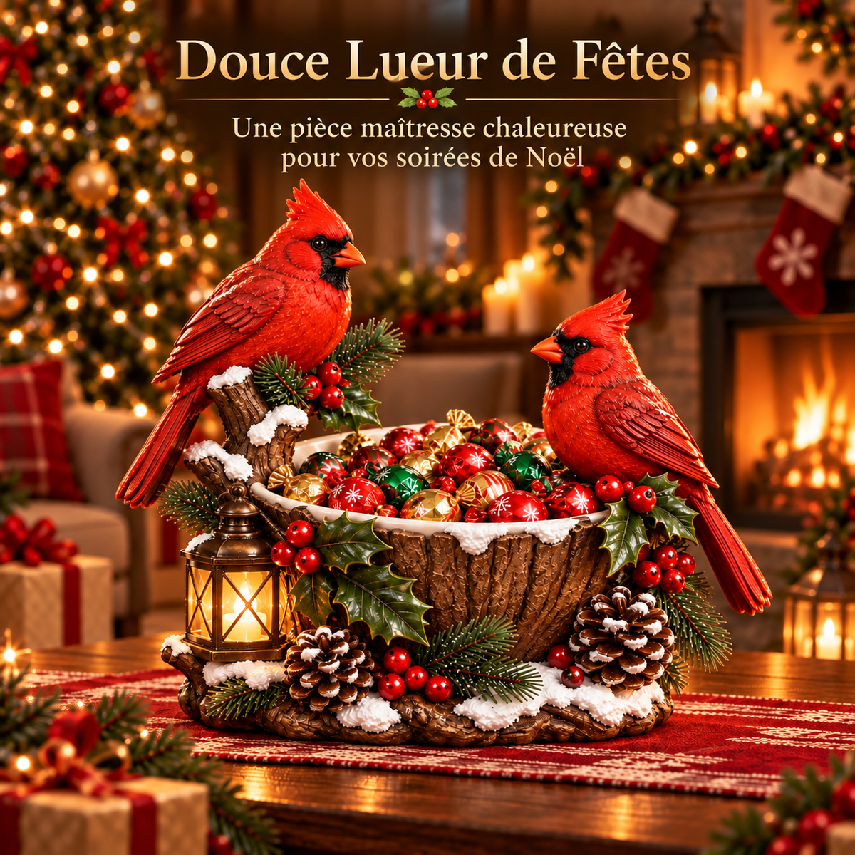 Bol à Friandises de Noël avec Cardinaux et Lanterne