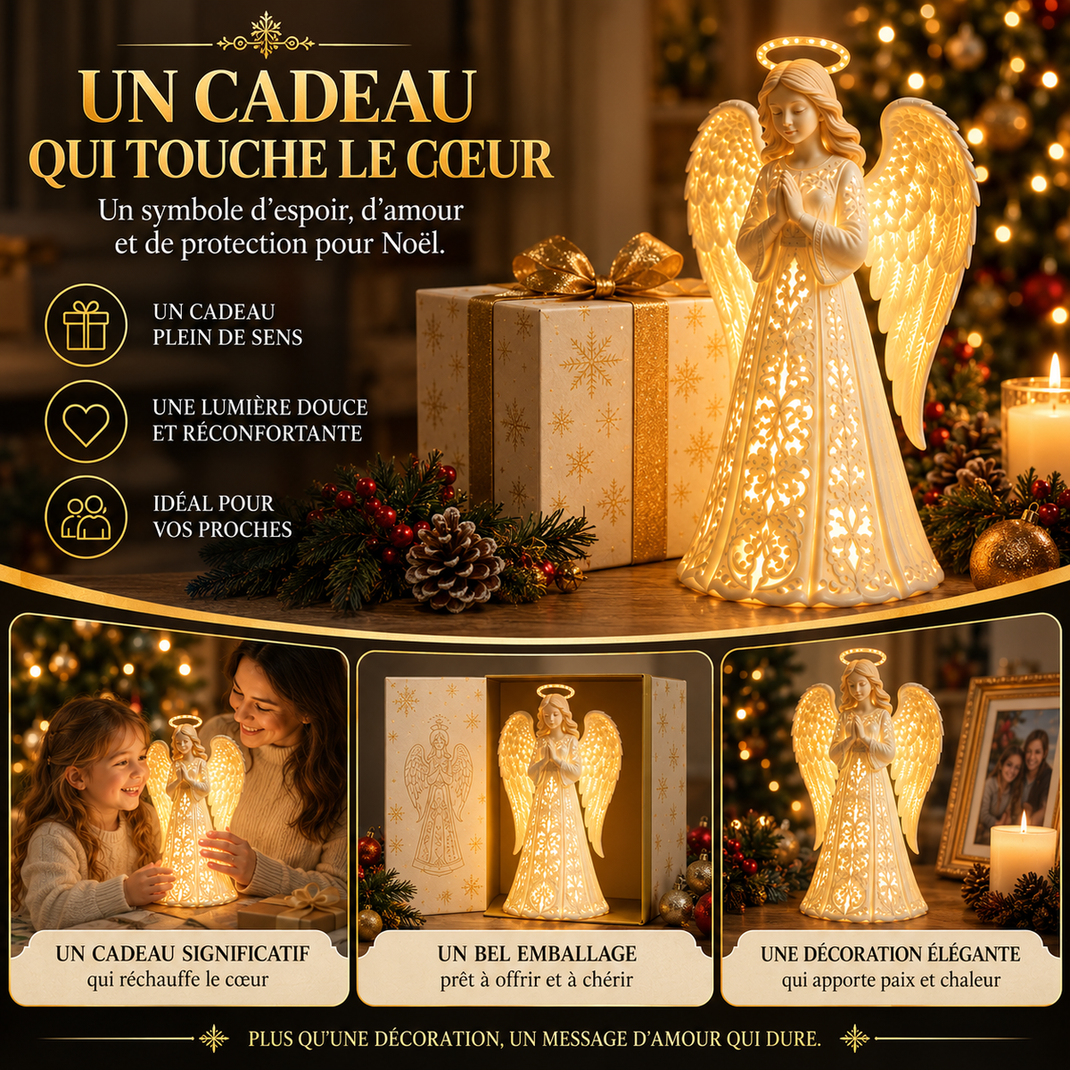 Veilleuse Ange Gardien de Noël avec Lumière Tamisée et Finition Dorée