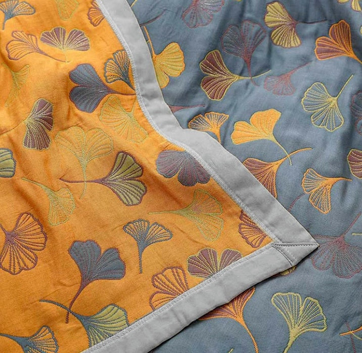 Couette | Motif Réversible Feuilles de Ginkgo, Jaune et Bleu 5