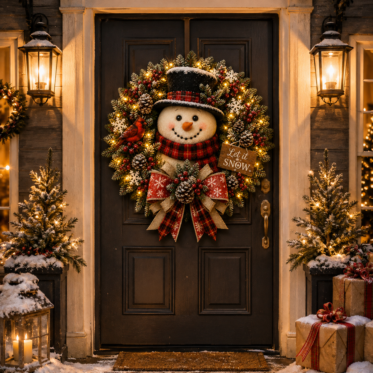 Couronne de Noël Illuminée Bonhomme de Neige pour Porte d'Entrée - Décoration Festive et Lumineuse 7