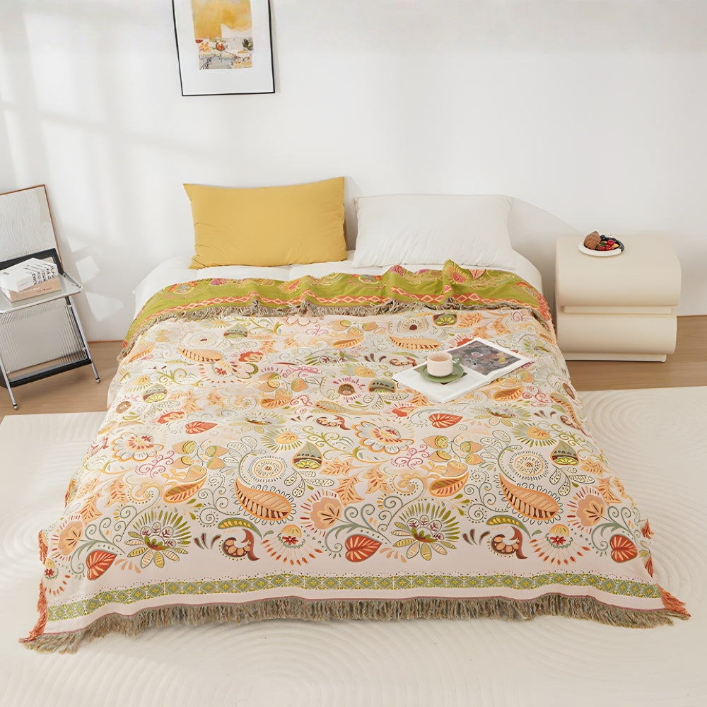Couverture Réversible | Motif Feuille d’Automne, Bords à Pompons 0