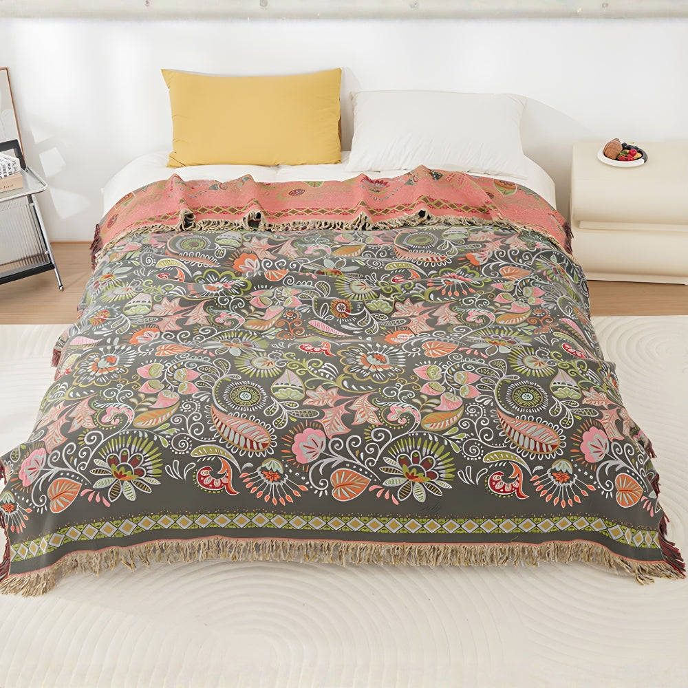 Couverture Réversible | Motif Feuille d’Automne, Bords à Pompons 1