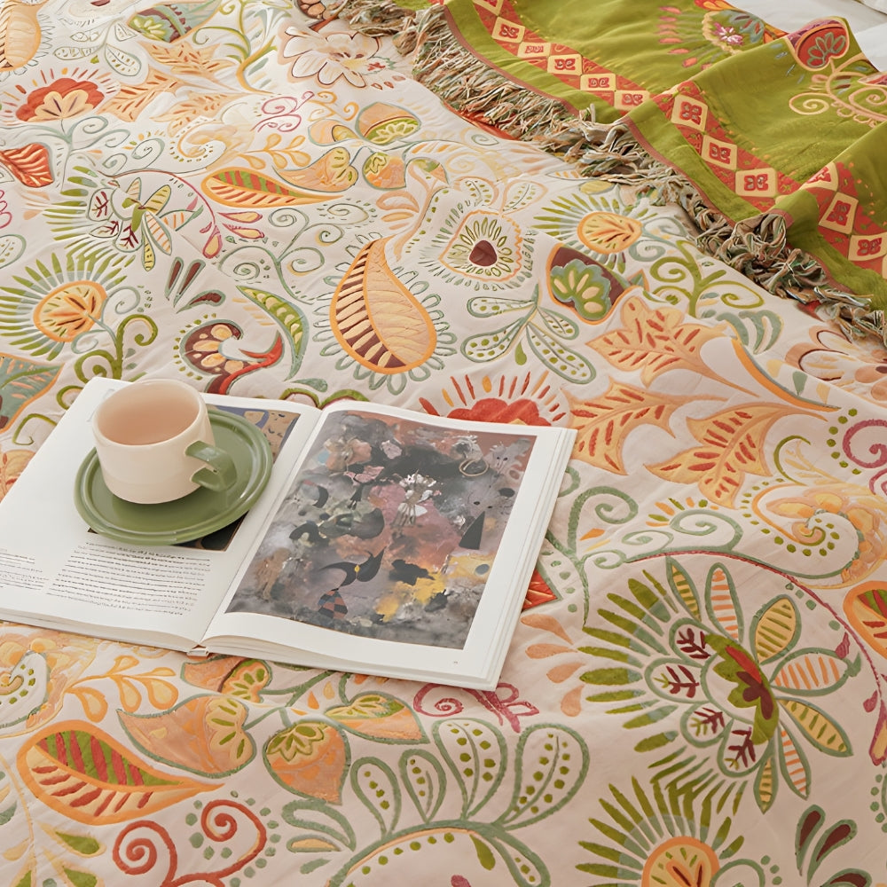 Couverture Réversible | Motif Feuille d’Automne, Bords à Pompons 3