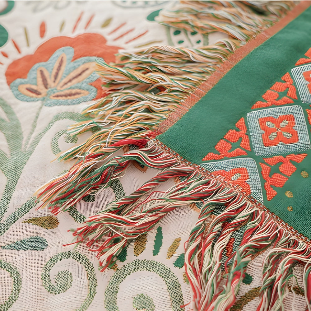 Couverture Réversible | Motif Feuille d’Automne, Bords à Pompons 5