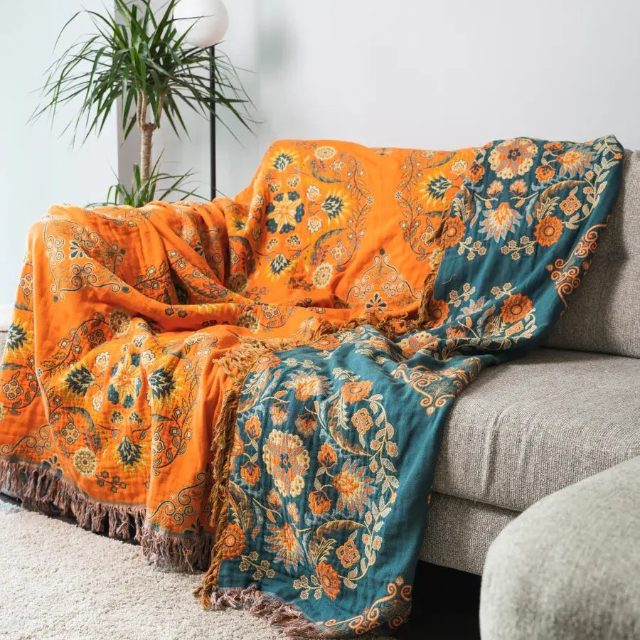 Couverture | Motif floral, Double face orange et bleu sarcelle 3
