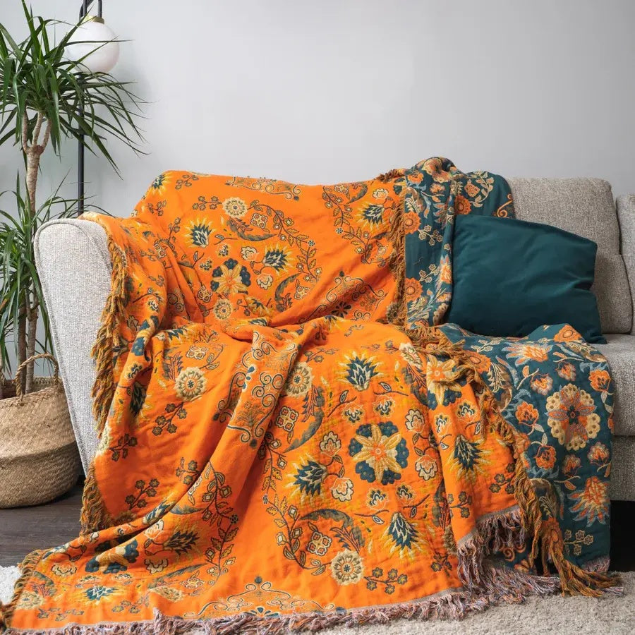 Couverture | Motif floral, Double face orange et bleu sarcelle 5