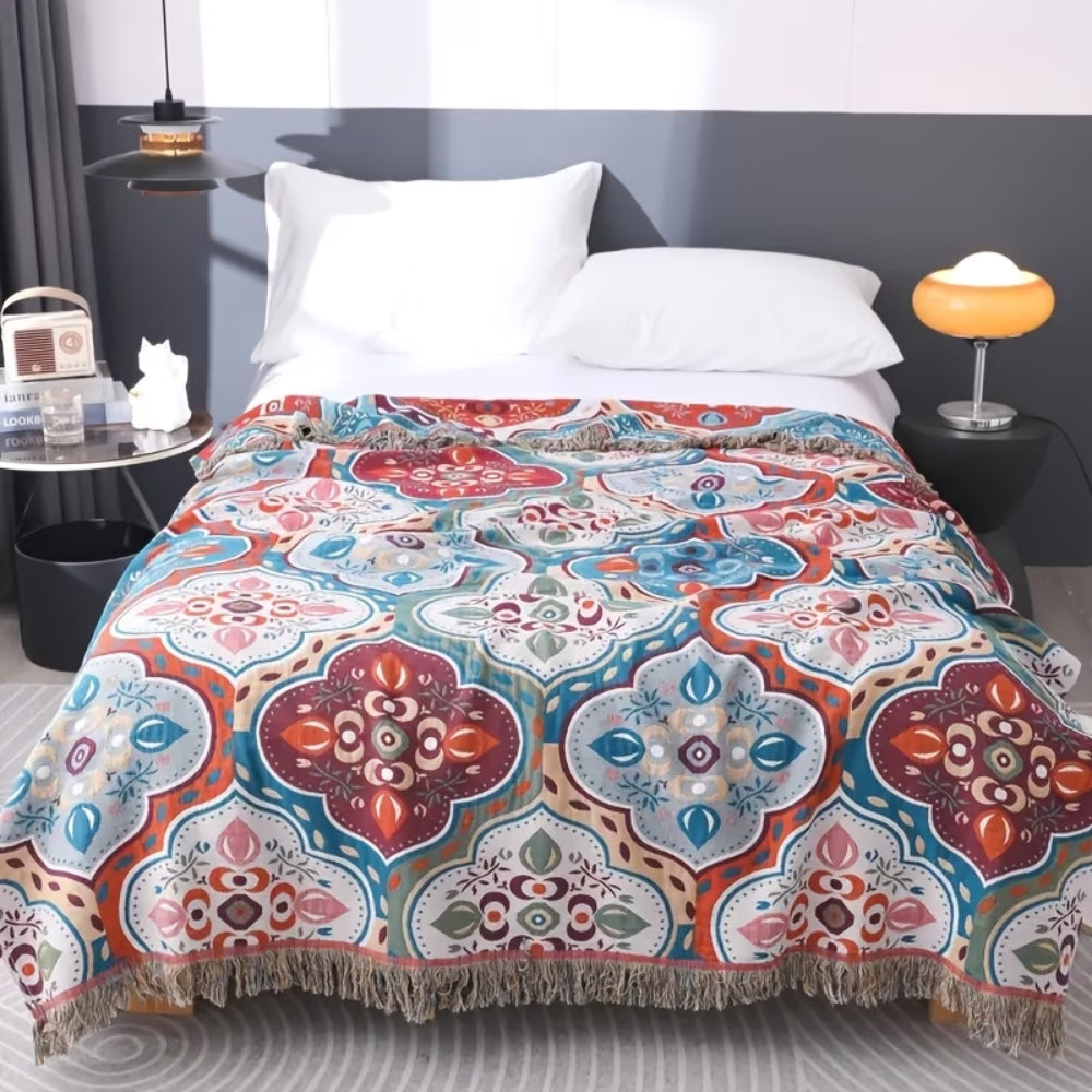 Couverture en Coton | Motif Mosaïque Marocain, Bords à Pampilles 0