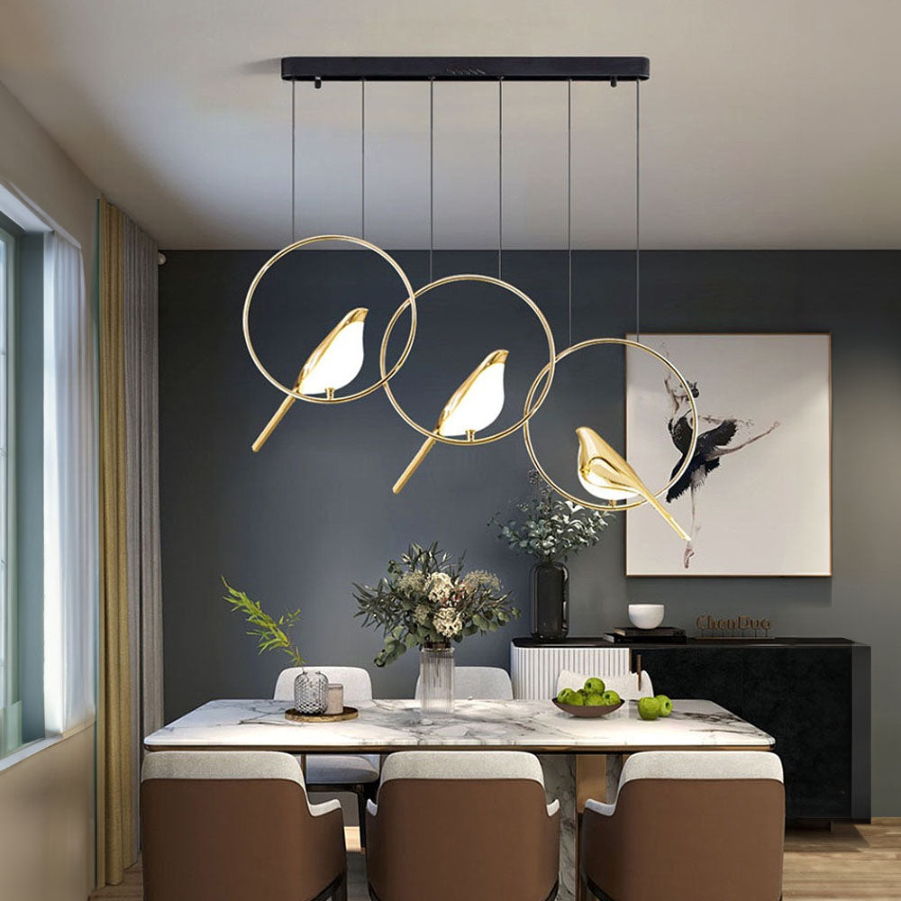 Aurévane – Suspension LED Oiseaux Anneau Doré Salon
