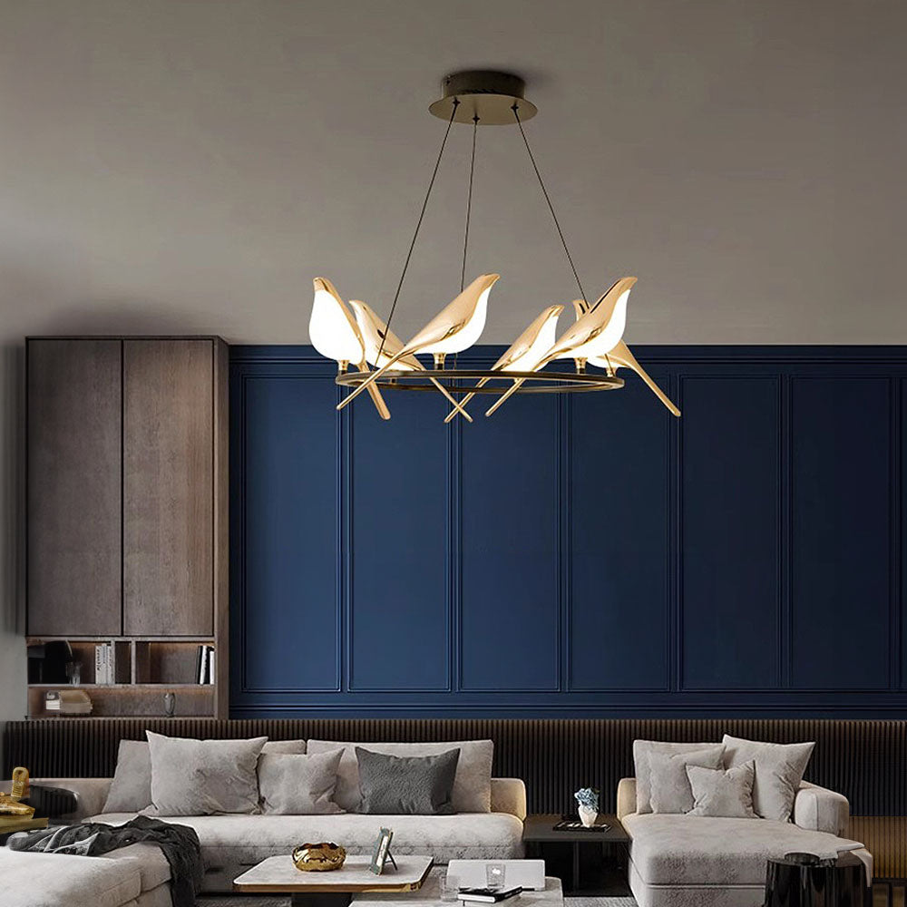 Aurévane – Suspension LED Oiseaux Anneau Doré Salon